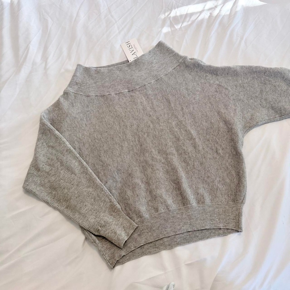 Lavish Alice Gray Oversized Ribbed Knit Dolman Sweater Wide Neckline S